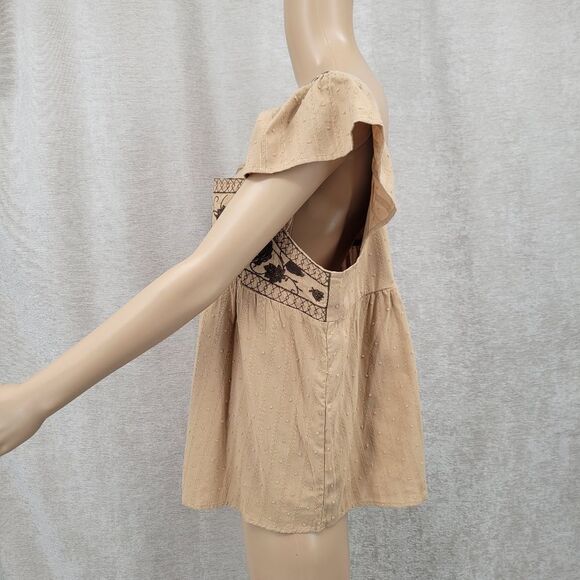 Mine Cotton Embroidered Tan Peasant Flutter Sleeve Boho Women's Top - Picture 5 of 10